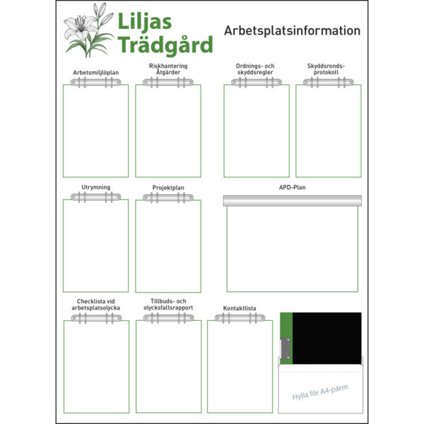 Arbetsplatstavla Liljas Trädgård