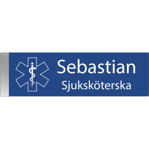 Namnbricka metallklämma Blå med vit text