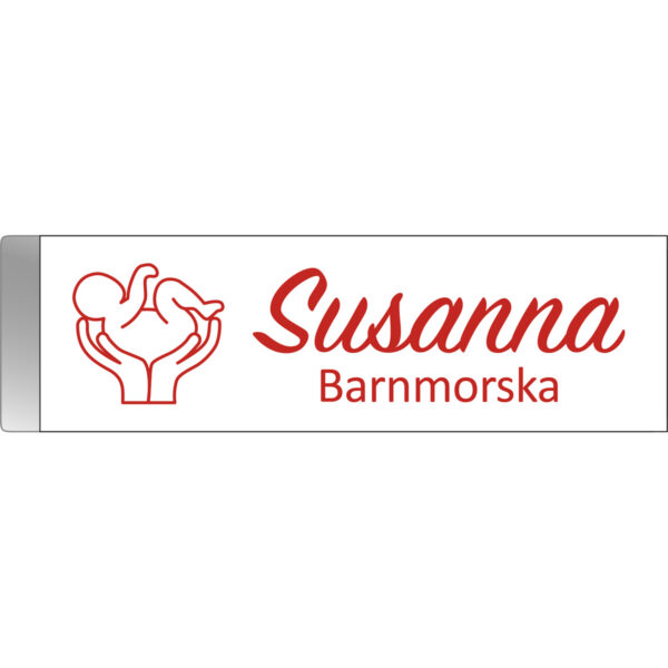 Namnbricka metallklämma Vit med röd text